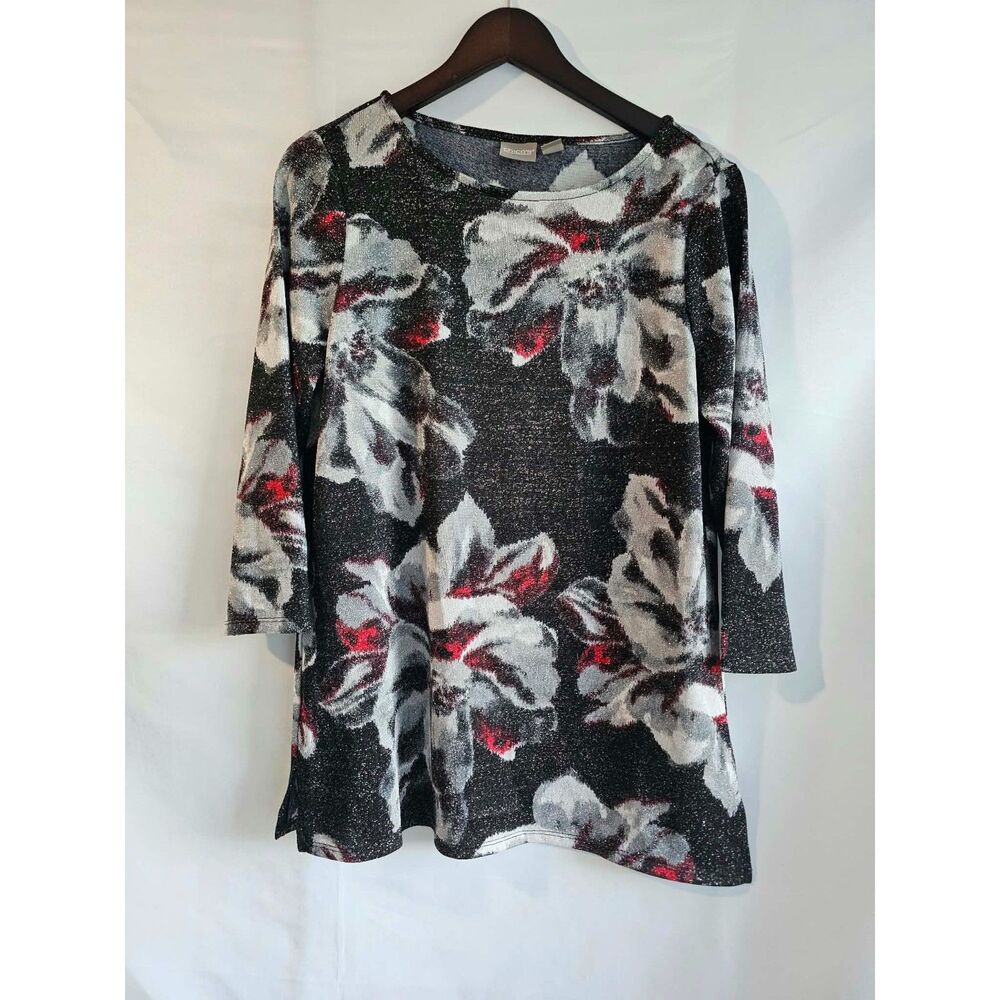 Glam Chico’s Metallic Floral Knit Top Black Red Gray Size M